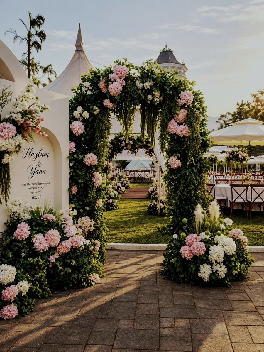 Pink and white floral arch leading to the reception lawn